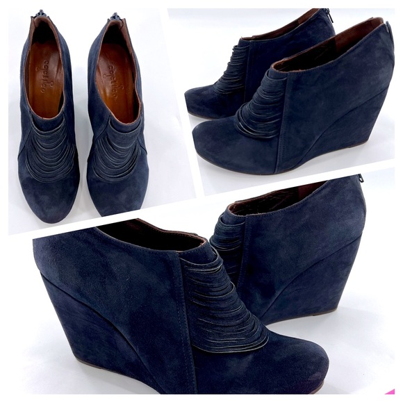 COCLICO SHOES Navy Blue SUEDE FRINGE WEDGE BOOTIES size 38.5 US 8 - Picture 2 of 16